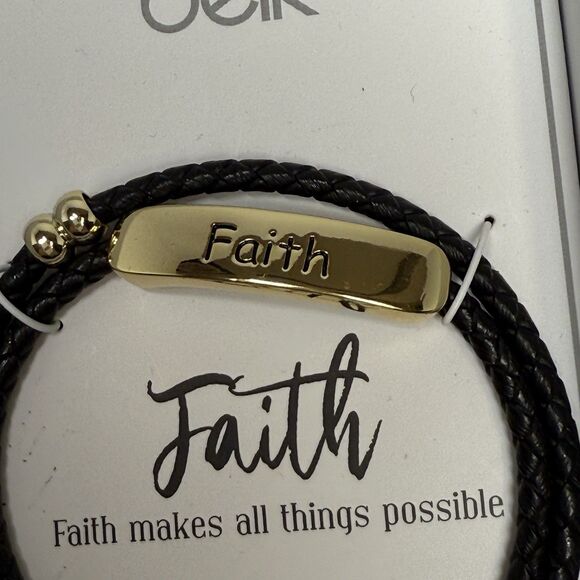 Belk FAITH Metal Bar Double Wrap Braided Black Leather Adjustable Bracelet New - Picture 2 of 5